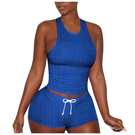 REALiKUN Workout Sets for Women 2 Piece Seamless Ribbed Crop Tank High Waist Shorts Yoga Outfits Blue 3XL