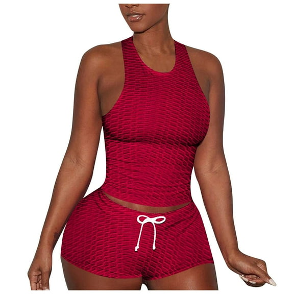 REALiKUN Workout Sets for Women 2 Piece Seamless Ribbed Crop Tank High Waist Shorts Yoga Outfits Red M