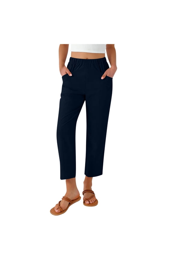 Yoga Capris with Pockets for Women Wide Leg Cotton Linen Pants Casual Loose Comfy Trendy Elastic Waist Cropped Trouser
