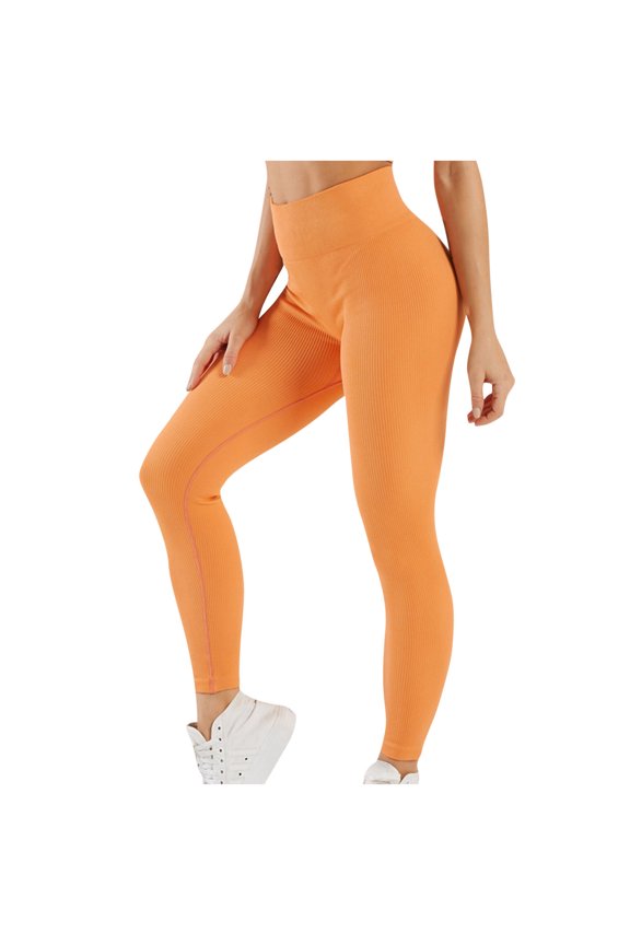 Yoga Pants for Womens Elastic High Waist Workout Tights Solid Ribbed Seamless Running Leggings