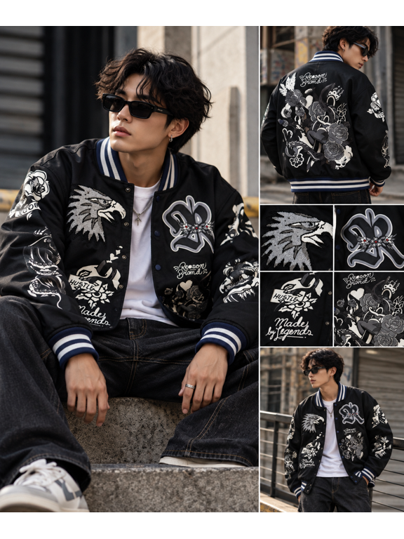REASON Iconic Chenille Patched Varsity Jacket Black Mens Medium Streetwear