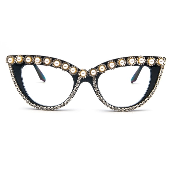 REAVEE 1pc Flower Rhinestone Cat Eye Fake Glasses Non-Prescription Women Vintage Thick Frame Glasses Diamond Eyewear