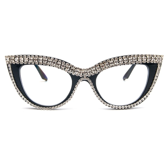 REAVEE 1pc Rhinestone Cat Eye Fake Glasses Non-Prescription Women Vintage Thick Frame Glasses Diamond Eyewear