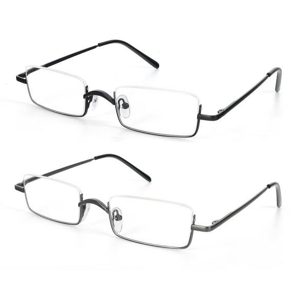 REAVEE 2 Pack Half Reading Glasses Square Semi Rimless Readers Metal Frame for Men and Women Black+Gray