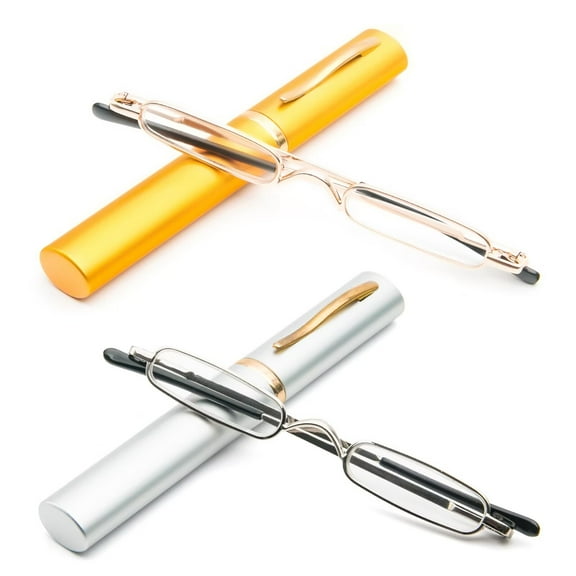REAVEE 2 Pack Mini Reading Glasses for Women Men Compact Small Pocket Metal Readers with Portable Case 1.5