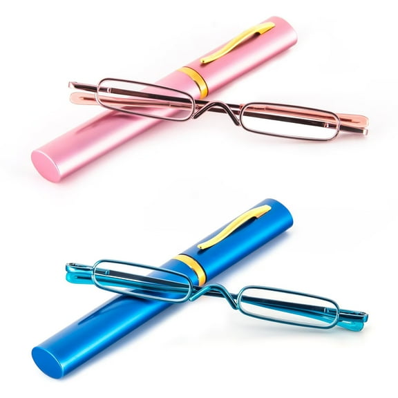 REAVEE 2 Pack Mini Reading Glasses for Women Men Lightweight Compact Small Pocket Metal Readers with Portable Case Pink and Blue