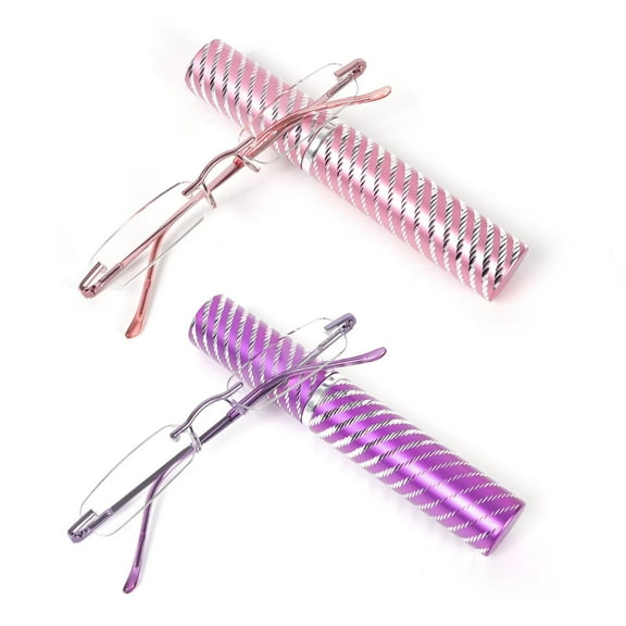 REAVEE 2 Pack Mini Rimless Reading Glasses Slim Pocket Compact Metal Readers with Small Portable Case Suitable for Men Women Pink and Purple