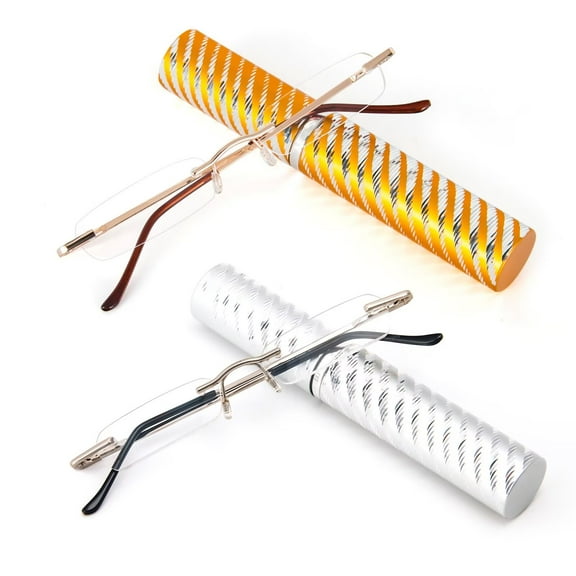 REAVEE 2 Pack Mini Rimless Reading Glasses Slim Pocket Compact Metal Readers with Small Portable Case Suitable for Men Women Silver and Golden