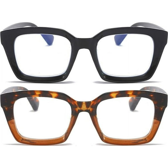 REAVEE 2 Pack Stylish Oprah Oversized Blue Light Blocking Computer Glasses Women Ladies Non-Prescription Fake Eyeglasses Frames (Black/Leopard,0.0)