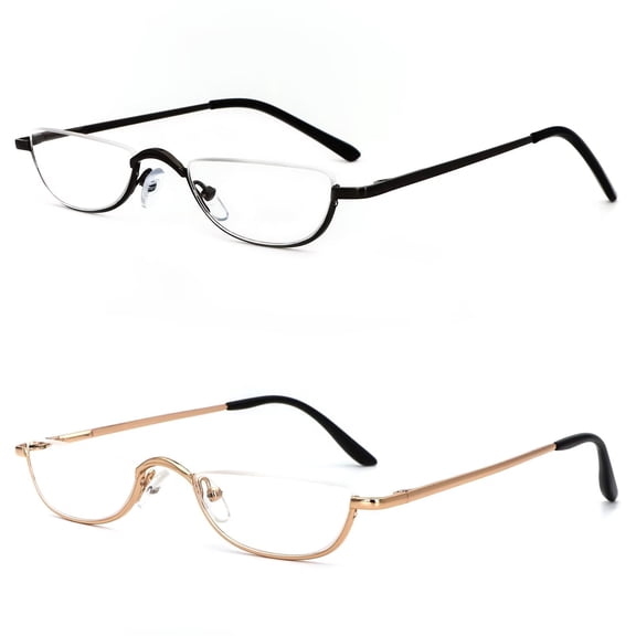 REAVEE 2 Pair Half Reading Glasses Half Rim Metal Frame Glasses Spring Hinge Readers for Men and Women, Black and Gold +3.0