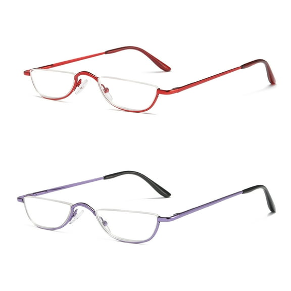 REAVEE 2 Pair Half Reading Glasses Half Rim Metal Frame Glasses Spring Hinge Readers for Men and Women, Purple and Red +1.25