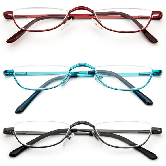 REAVEE 3 Pack Half Moon Reading Glasses for Women Men Small Semi Frame Metal Spring Hinge Readers