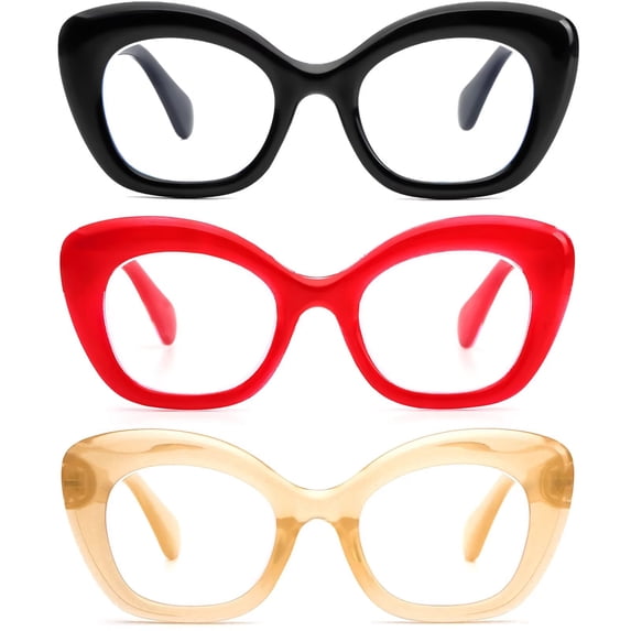 REAVEE 3 Pack Oversized Cat Eye Reading Glasses for Women men Thick Frame, Blue Light Blocking Readers Stylish Large Eyewear