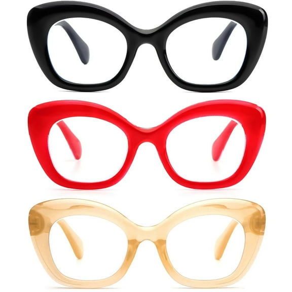 REAVEE 3 Pack Oversized Cat Eye Reading Glasses for Women men Thick Frame, Blue Light Blocking Readers Stylish Large Eyewear