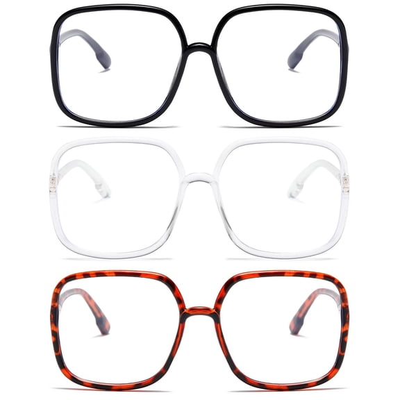 REAVEE 3 Pack Oversized Non-Prescription Glasses for Women Large Super Light Frame Black Clear Leopard