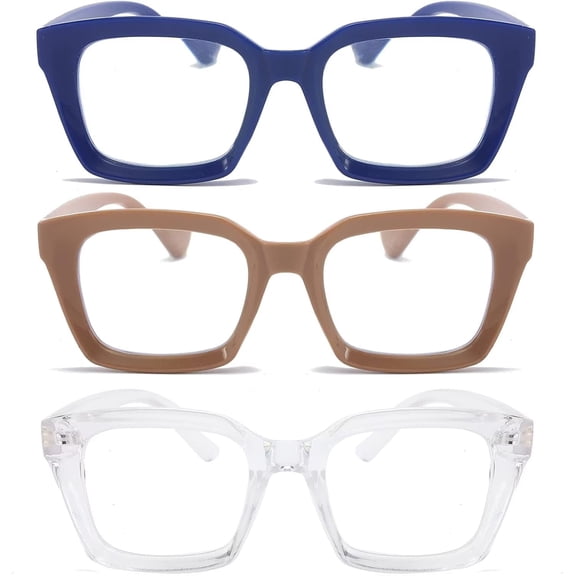 REAVEE 3 Pack Reading Glasses Women Blue Light Blocking, Oprah Style Computer Readers Retro Classical, Blue Khaki Transparent +2.75