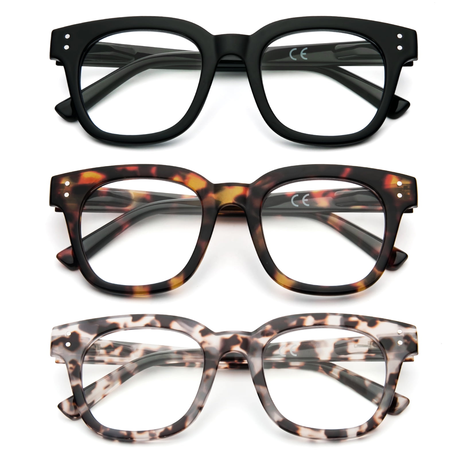 REAVEE 3 Pack Retro Oversized Reading Glasses for Women Blue Light Blocking Cute Square Computer Readers Spring Hinge 2.5