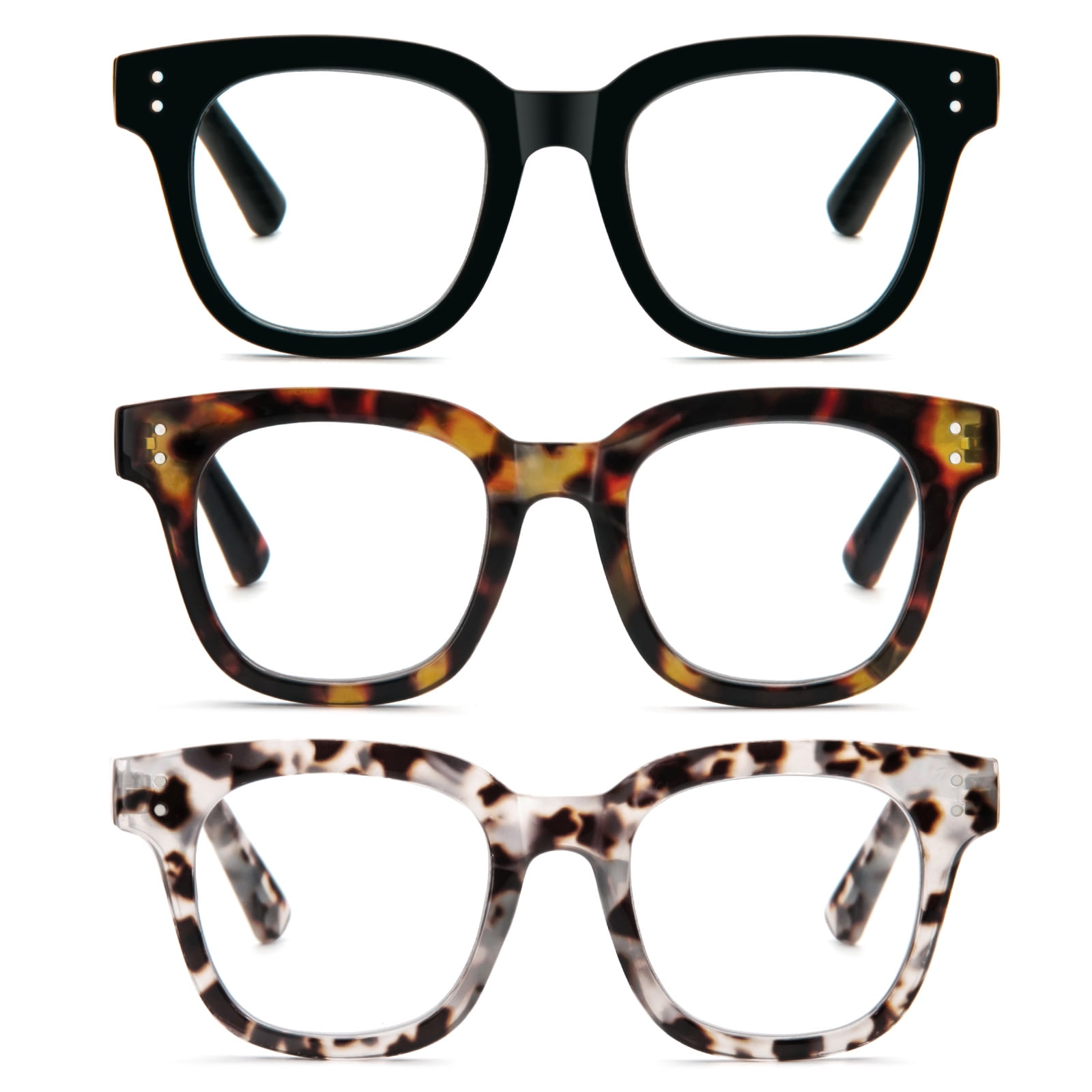 REAVEE 3 Pack Retro Oversized Reading Glasses for Women Blue Light Blocking Cute Square Computer Readers Spring Hinge 3.0