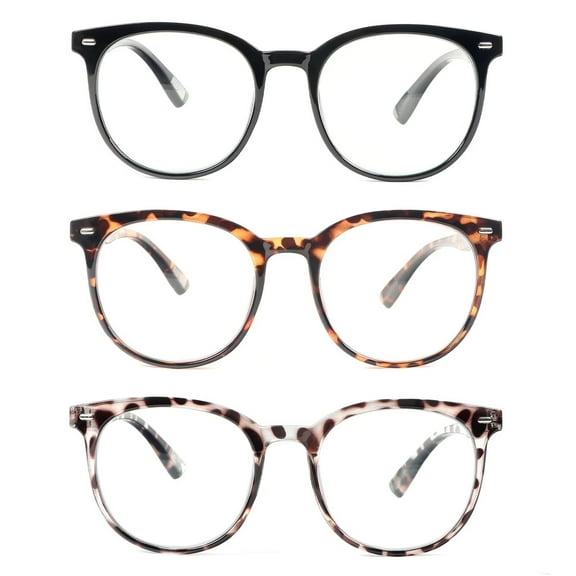 REAVEE 3 Pack Retro Round Reading Glasses for Women Blue Light Blocking Eyeglasses Black+Leopard+Clear Leopard