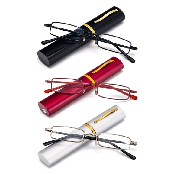 REAVEE 3 Pack Slim Pen Reading Glasses Pen Holder Men and Women Computer Readers,Portable Small Eyeglasses with Spring Hingle Black Red Silver +1.25