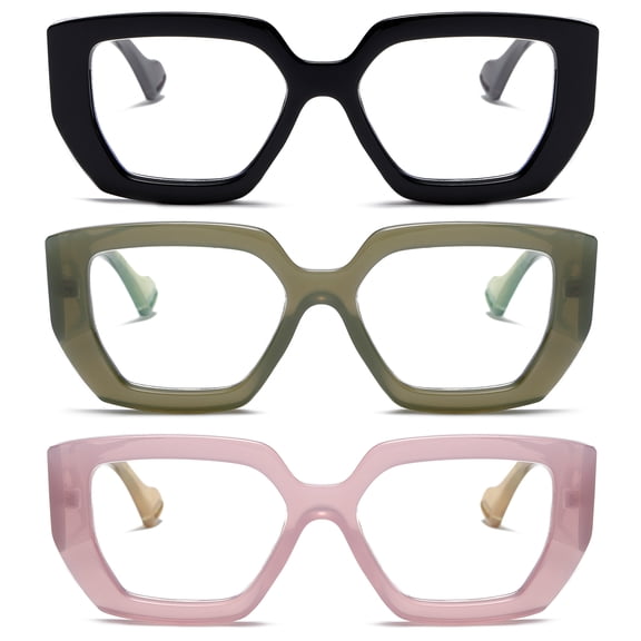 REAVEE 3 Pack Thick Frame Non-Prescription Glasses Men Women Fashion Square Fake Eyeglass Black Green Pink