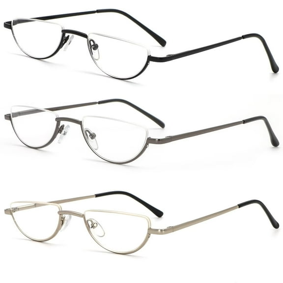 REAVEE 3 Pairs Half Frame Reading Glasses Half Metal Moon Readers for Women Men Golden+Silver+Gray 1.5