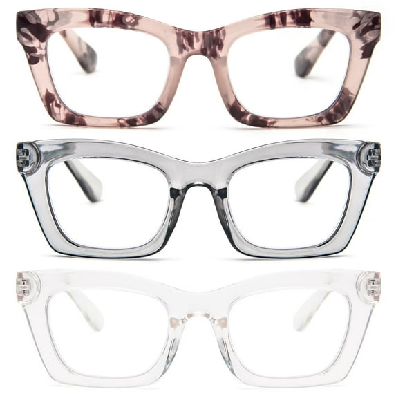 REAVEE 3 Pairs Oversized Square Reading Glasses with Case Oprah Style for Women, Blue Light Blocking Large Frame Computer Readers Spring Hinge Gray+Clear+Pink Tortoise