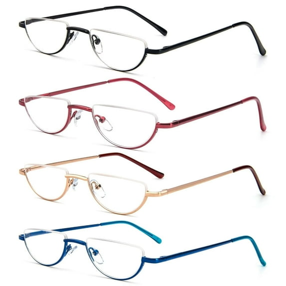 REAVEE 4 Pack Half Lens Reading Glasses for Women Retro Designer Alloy Spring Hinge Metal Frame Half Moon Readers with Pouch, Red Black Blue Gold 1.0