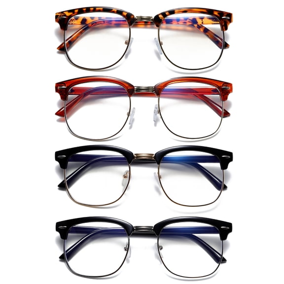 REAVEE 4 Pairs Fake Glasses Non-Prescription Glasses Clear Lens Metal Half-Rim Frame Fashion Eyewear for Women Men