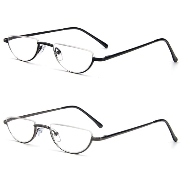 REAVEE Half Reading Glasses 2 Pairs Half Rim Metal Frame Glasses Spring Hinge Readers for Men and Women Black Gray +2.0