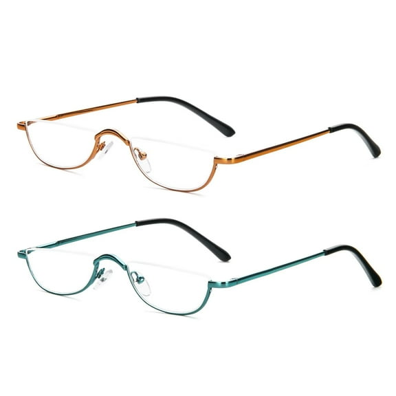 REAVEE Half Reading Glasses - 2 Pairs Half Rim Metal Frame Glasses Spring Hinge Readers for Men and Women (Green+Yellow 3.0）