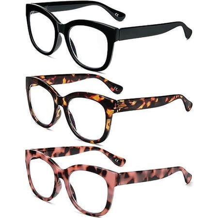 REAVEE Oversized Reading Glasses for Women, 3 Pack Blue Light Blocking Computer Retro Stylish Readers with Spring Hinge 1.5