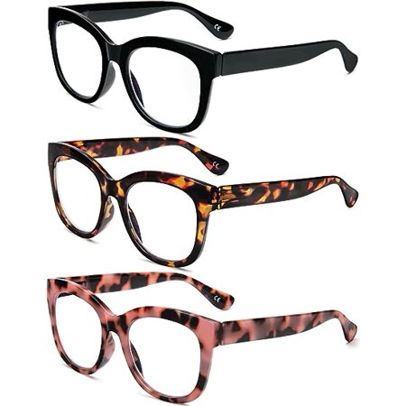 REAVEE Oversized Reading Glasses for Women, 3 Pack Blue Light Blocking Computer Retro Stylish Readers with Spring Hinge 3.5