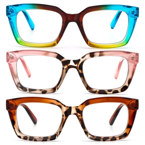 REAVEE Reading Glasses Women Blue Light Blocking, Oprah Style Computer Readers 3 Pack Retro Classical, Blue Pink Brown +2.0