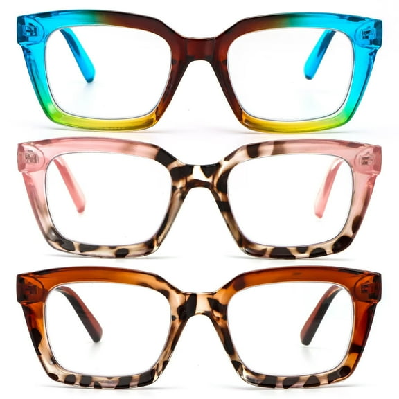 REAVEE Reading Glasses Women Blue Light Blocking, Oprah Style Computer Readers 3 Pack Retro Classical, Blue Pink Brown +2.0