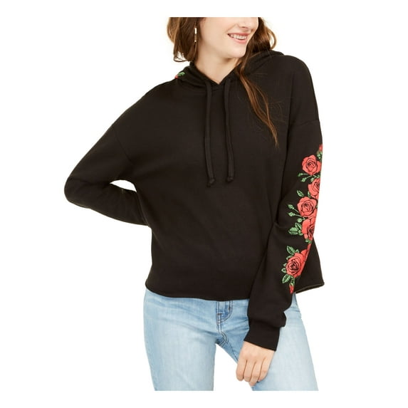 REBELLIOUS ONE $34 Womens New Black Floral Hooded Long Sleeve Top S Juniors B+B