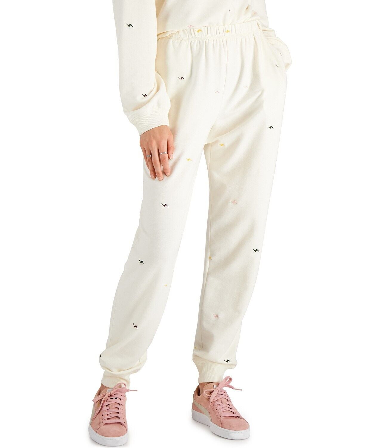 REBELLIOUS ONE Juniors' Embroidered Lightening Bolt Jogger Pants Ivory Sz L B4HP
