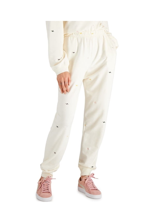 Juniors' Embroidered Lightening Bolt Jogger Pants Ivory Sz L B4HP