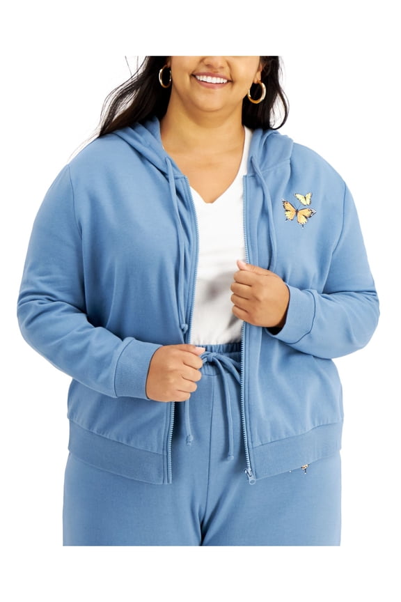 Womens Blue Stretch Zippered Drawstring Hood Ribbed Hem Cuffs Sweatshirt Plus 1X