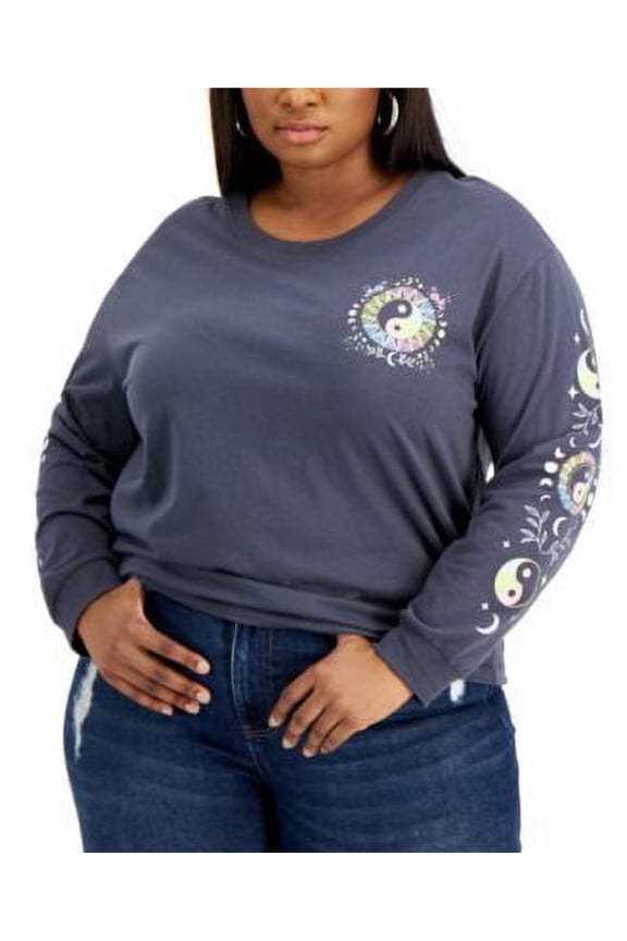 Womens Gray Graphic Long Sleeve Round Neck Top Plus 2X