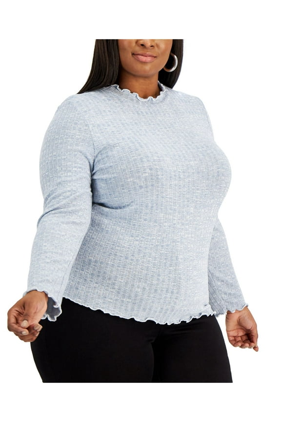 Womens Light Blue Stretch Ribbed Scalloped Long Sleeve Turtle Neck Sweater Plus 2X