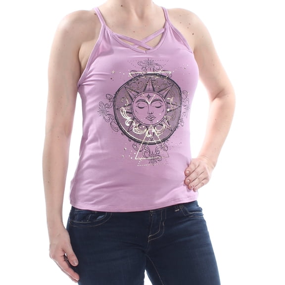 REBELLIOUS ONE Womens Purple Sun Metallic Graphic Sleeveless V Neck Tank Top S