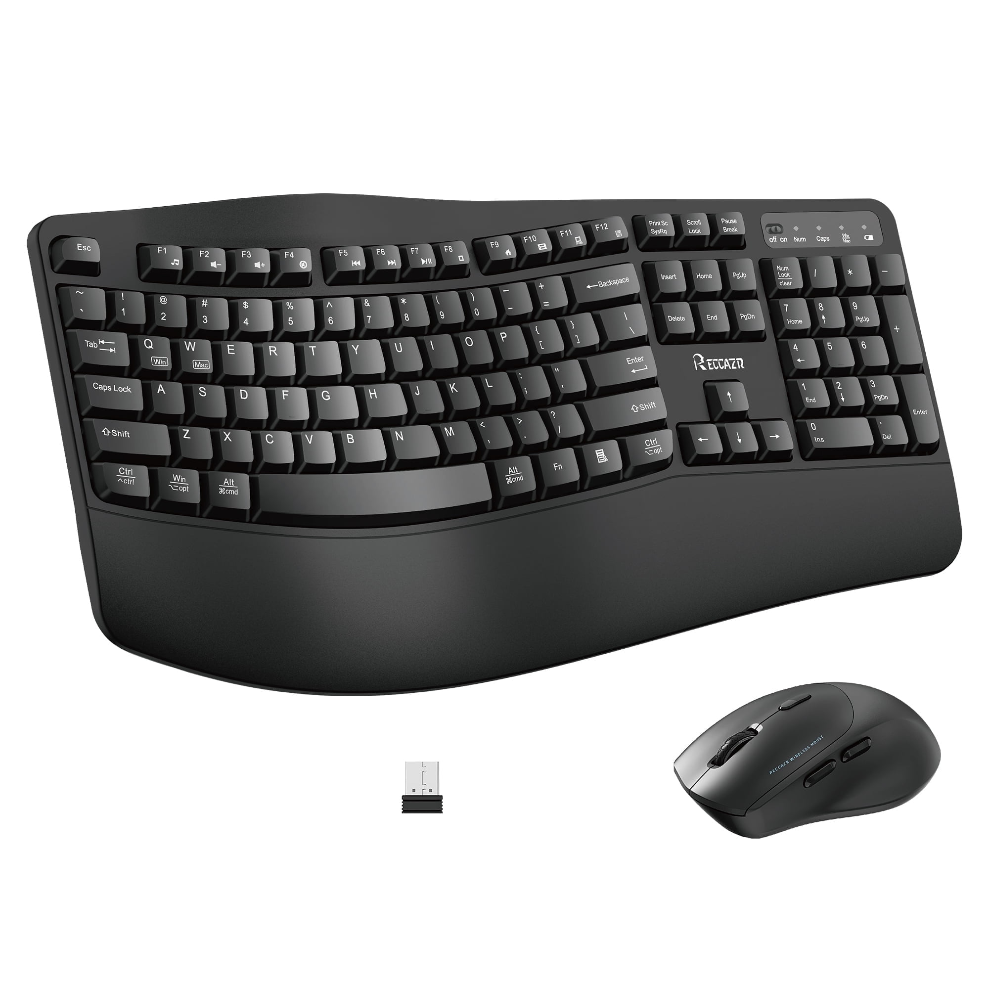 Wireless Keyboard and Mouse Combo, 2.4G Full Size Wave Keys Ergonomic Keyboard with Wrist Rest and 3-Level DPI Adjustable Wireless Ergonomic Mouse for Windows, Mac OS Desktop/Laptop/PC(Black)