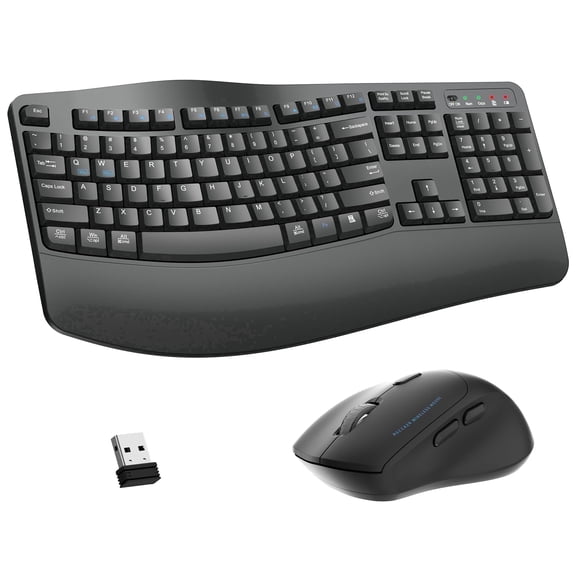 Wireless Keyboard and Mouse Combo, 2.4G Full Size Wave Keys Ergonomic Keyboard with Wrist Rest and 3-Level DPI Adjustable Wireless Ergonomic Mouse for Windows, Mac OS Desktop/Laptop/PC(Grey)