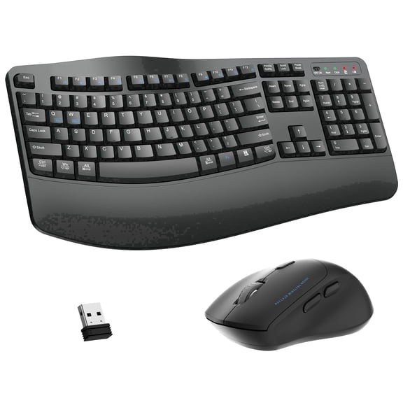 Wireless Keyboard and Mouse Combo, 2.4G Full Size Wave Keys Ergonomic Keyboard with Wrist Rest and 3-Level DPI Adjustable Wireless Ergonomic Mouse for Windows, Mac OS Desktop/Laptop/PC(Grey)