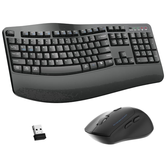 Wireless Keyboard and Mouse Combo, 2.4G Full Size Wave Keys Ergonomic Keyboard with Wrist Rest and 3-Level DPI Adjustable Wireless Ergonomic Mouse for Windows, Mac OS Desktop/Laptop/PC(Grey)