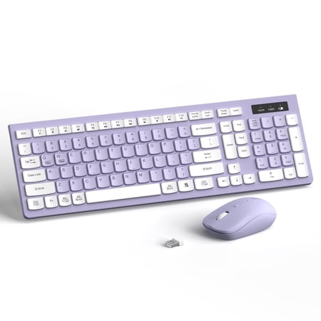 RECCAZR Wireless Keyboard and Mouse Combo , 2.4G Full Size, 12 Multimedia and Shortcut Keys, 3-Year Battery Life, for Windows, Mac OS Desktop/Laptop/PC(Purple)