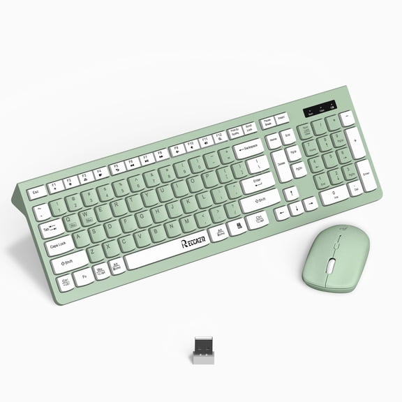 RECCAZR Wireless Keyboard and Mouse Combo, 12 Multimedia and Shortcut Keys, Full Size 2.4G cordless keyboard and mouse for Mac, PC, Laptop, Windows, Desktop ( Green)