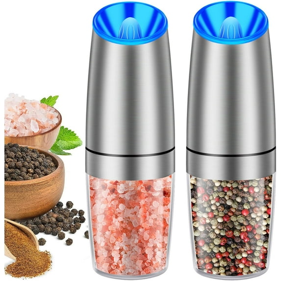 RECHARGEABLE - Gravity Electric Pepper and Salt Grinder Set, Adjustable Coarseness, With LED Light, One Hand Automatic Operation, 2 Pack-Black