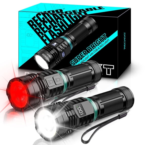 RECHOO Rechargeable Flashlights High Lumens, Dual-Switch LED Flashlight Rechargeable, 8 Lighting Modes Waterproof COB Red Light Flashlight for Camping, Hunting, Emergency, Gifts for Men